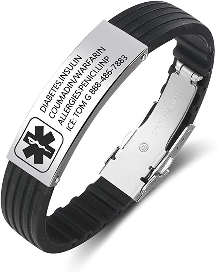 Picture of: Personalisierte Medic Alert Armband für Frauen,Silikonband Emergency  Medical Mens Bracelets,Offizielle ID-Armband mit Medical Alert
