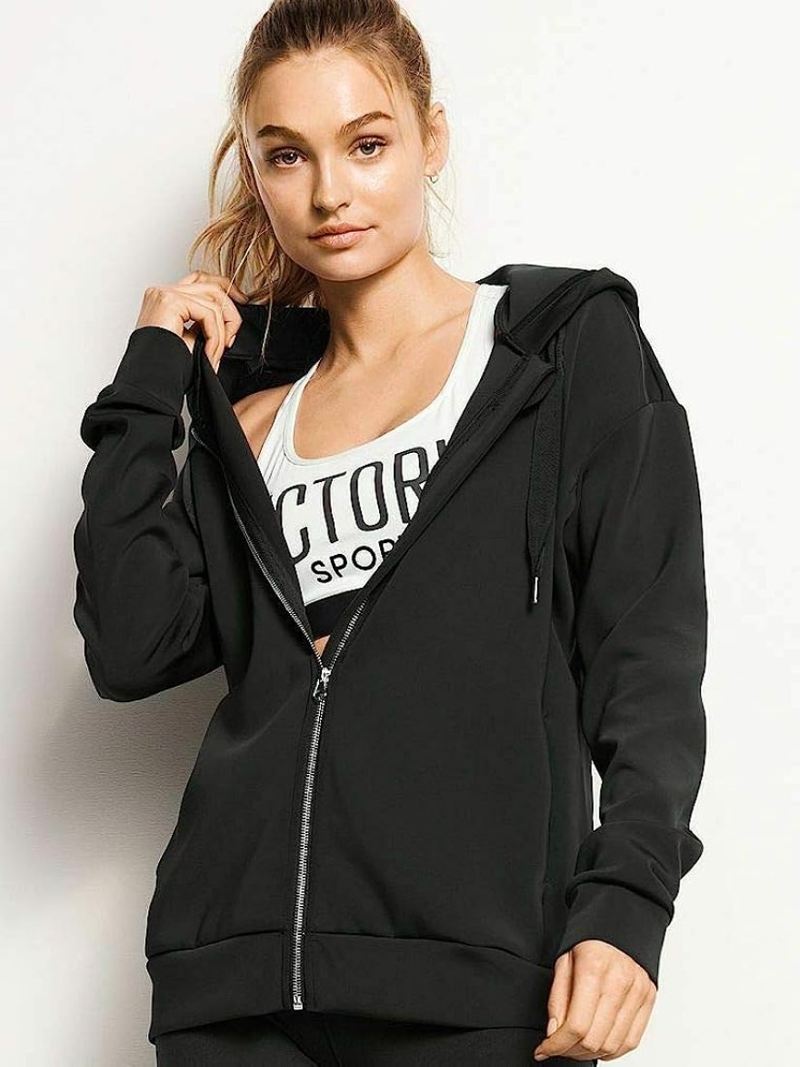 Picture of: Victoria Sport Victoria Secret Front Zip Lightweight Fleece Jacket Hoodie  Black w/Pink – Small